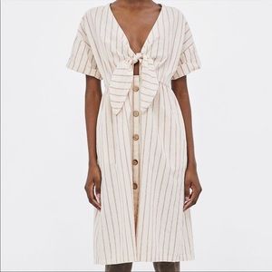 ZARA LINEN BLEND STRIPED KNOTTED DRESS SIZE SMALL
